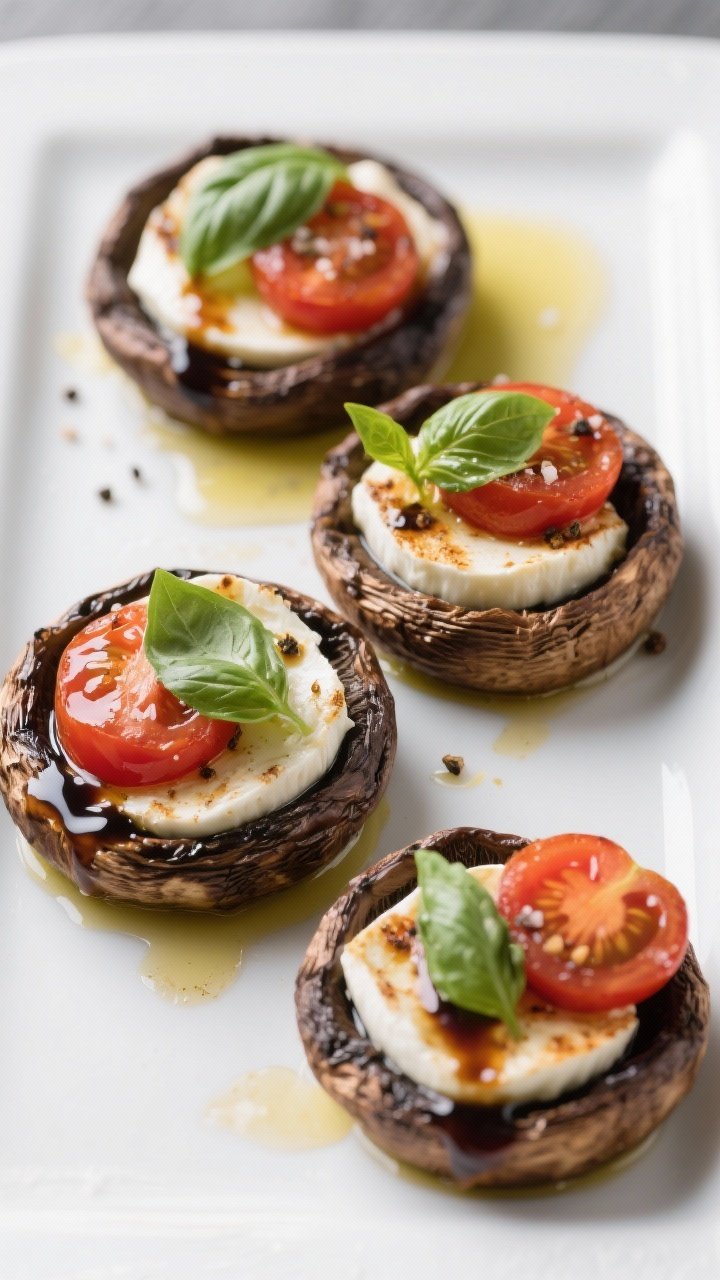 Straight-on shot of caprese-stuffed portobello mushroom caps: four roasted portobellos brushed with olive oil, salt, and pepper, each filled with slices of fresh mozzarella and halved cherry tomatoes, finished with a glossy balsamic drizzle and fresh basil leaves. Juices pooling in the caps, edges slightly wrinkled from roasting. Set on a white rectangle platter to emphasize color contrast.