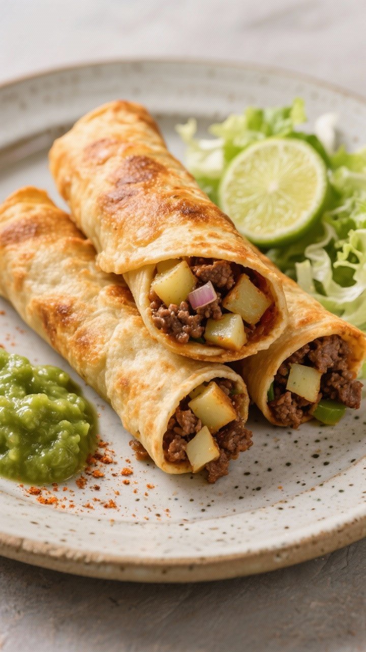 Straight-on shot of crispy beef and potato picadillo taquitos: tightly rolled tortillas air-fried to deep golden, ends showing spiced filling of ground beef, small-diced potatoes, onion, garlic, chili powder, cumin, smoked paprika, and salt, served on a stoneware plate with a green salsa, lime wedges, and shredded lettuce, crackly texture emphasized.
