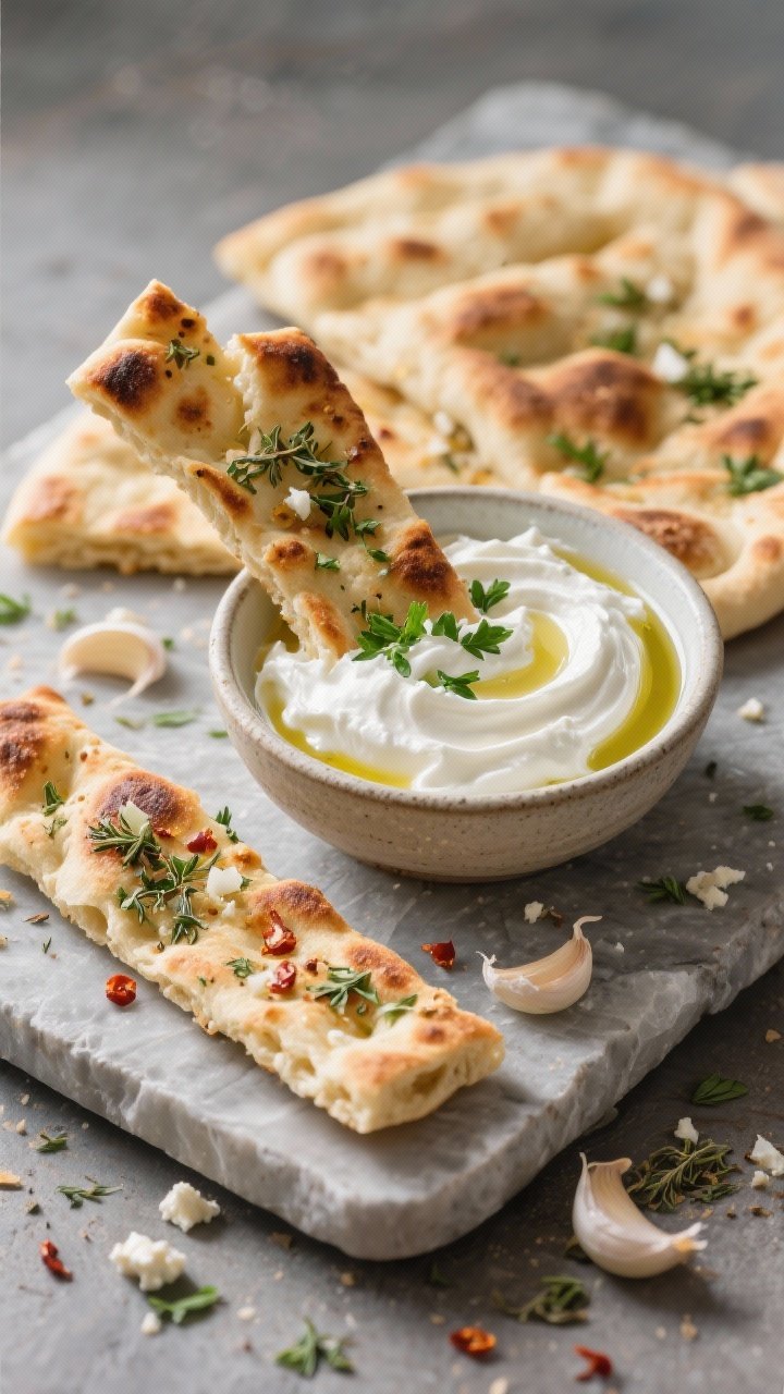 Straight-on shot of garlicky herb flatbread fingers with whipped feta: toasted naan/flatbread strips brushed with olive oil, grated garlic, dried oregano, chili flakes, and a pinch of kosher salt, edges crisp and blistered. A low bowl of whipped feta (smooth, snowy white) swirled and topped with chopped parsley and a drizzle of olive oil. Presented on a stone board, with crumbs and herb flecks around.
