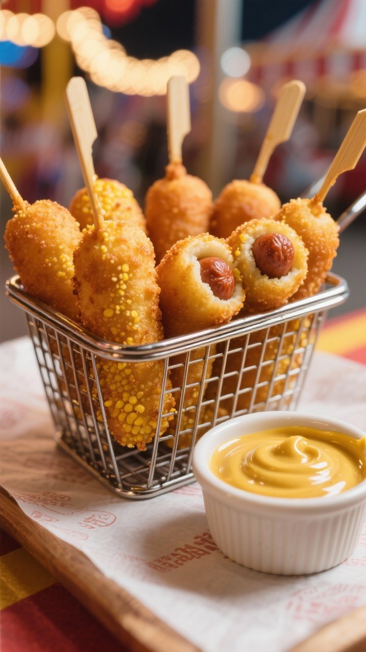 Straight-on shot of mini corn dogs arranged in a wire basket, deeply golden and evenly puffed from a cornmeal-batter crust (cornmeal, flour, sugar, baking powder/soda, salt, buttermilk), with a peek of beef hot dog in a few bites; side ramekin of glossy honey mustard dipping sauce; skewers inserted for grab-and-go feel; warm fairground lighting, crisp exterior texture captured.