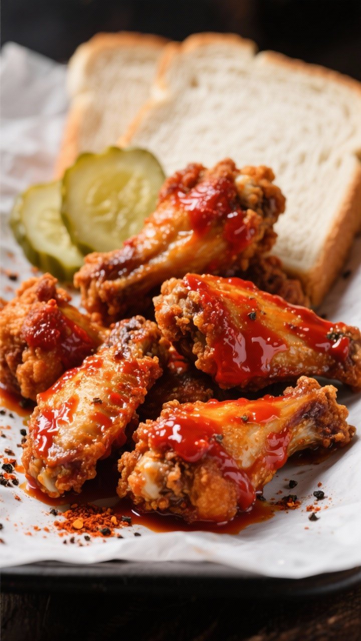 Straight-on shot of Nashville hot air fryer wings: deeply fried-looking crisp from baking powder, then brushed with fiery red oil made from neutral oil or clarified butter and hot spice blend; served with bread-and-butter pickle chips and white sandwich bread slices at the back for authenticity; paprika and black pepper visible on the surface; dramatic contrast lighting to emphasize the heat and gloss.