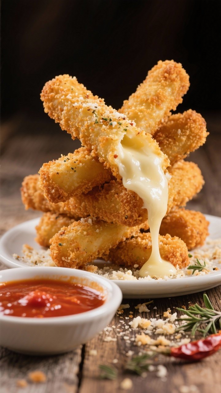 Straight-on shot of panko-crusted mozzarella sticks stacked in a crisscross tower, one torn open with a dramatic cheese pull; golden panko-Parmesan crust with specks of Italian seasoning; a shallow bowl of spicy marinara in front with a light chili oil sheen; scattered panko crumbs and a pinch of dried herbs on a rustic wood surface; professional lighting accentuating molten cheese and crunchy texture.