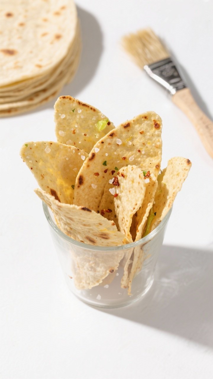 Straight-on shot of ultra-thin tortilla crunch dippers, fanned in a short tumbler like edible chips. The corn tortillas are brushed with neutral oil, baked air-fryer crisp, dusted with fine salt, chili-lime seasoning, and a hint of cumin. Show a stack of uncut tortillas and a pastry brush in the background. Clean white backdrop, directional light to catch blistered edges and micro-bubbles on the surface.
