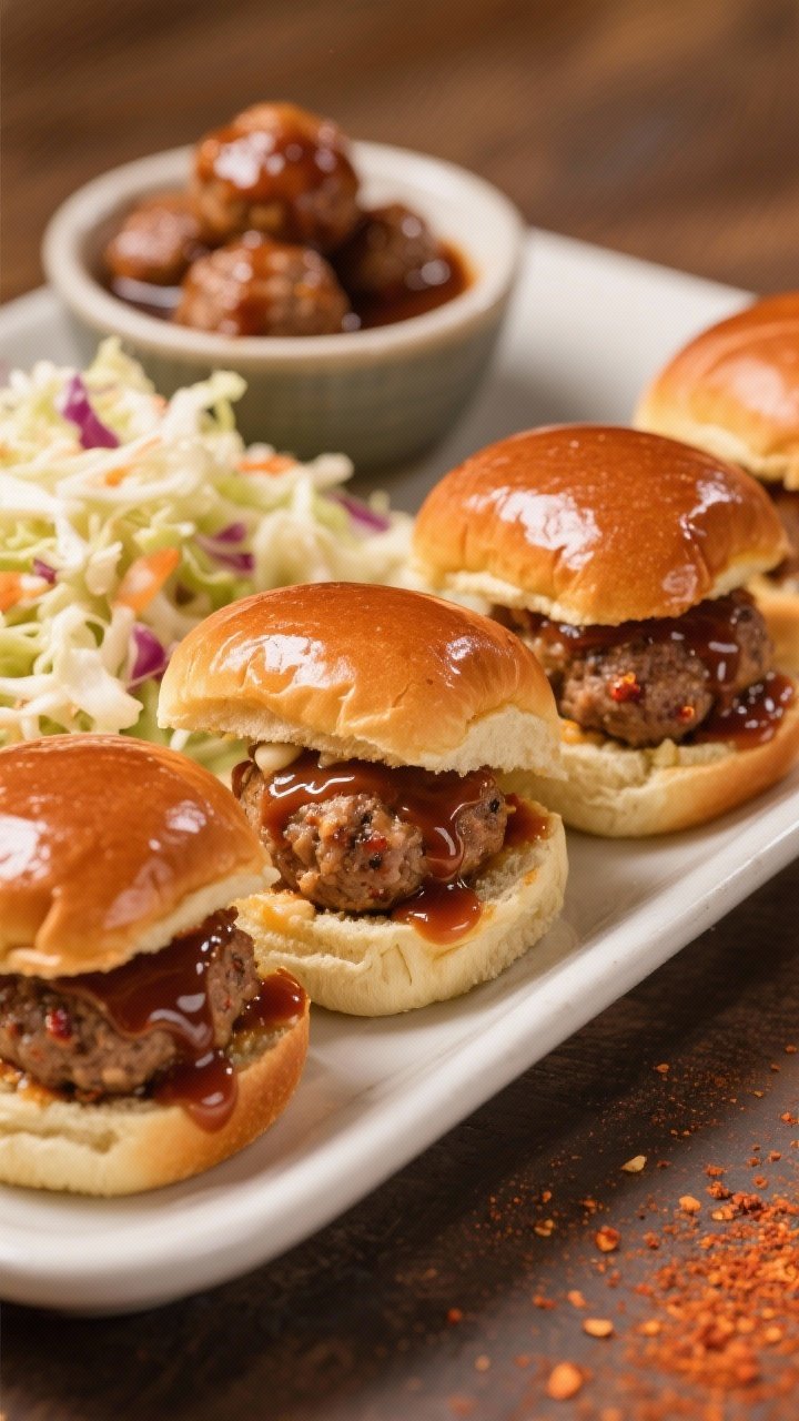 Straight-on slider lineup of BBQ turkey meatball sliders: glossy mini buns stuffed with juicy turkey meatballs (visible flecks of onion, garlic, paprika, chili powder), lacquered in sticky BBQ sauce; a heap of crunchy slaw peeking out; a few extra meatballs in sauce in a small dish behind; warm, inviting tones with a shallow depth of field.