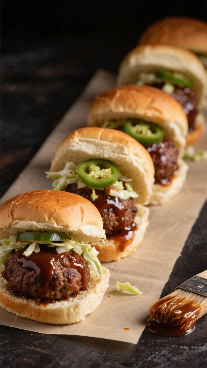 Straight-on slider lineup: smoky BBQ meatball sliders on soft buns, meatballs made from 80/20 beef mixed with breadcrumbs, milk, egg, grated onion, garlic, Worcestershire, and smoked paprika—lacquered in glossy barbecue sauce. Topped with crisp jalapeño slaw (thin jalapeño slices, cabbage) spilling slightly from the sides. Presented in a neat row on a sheet of parchment, a small brush with extra sauce nearby, rich, moody lighting.
