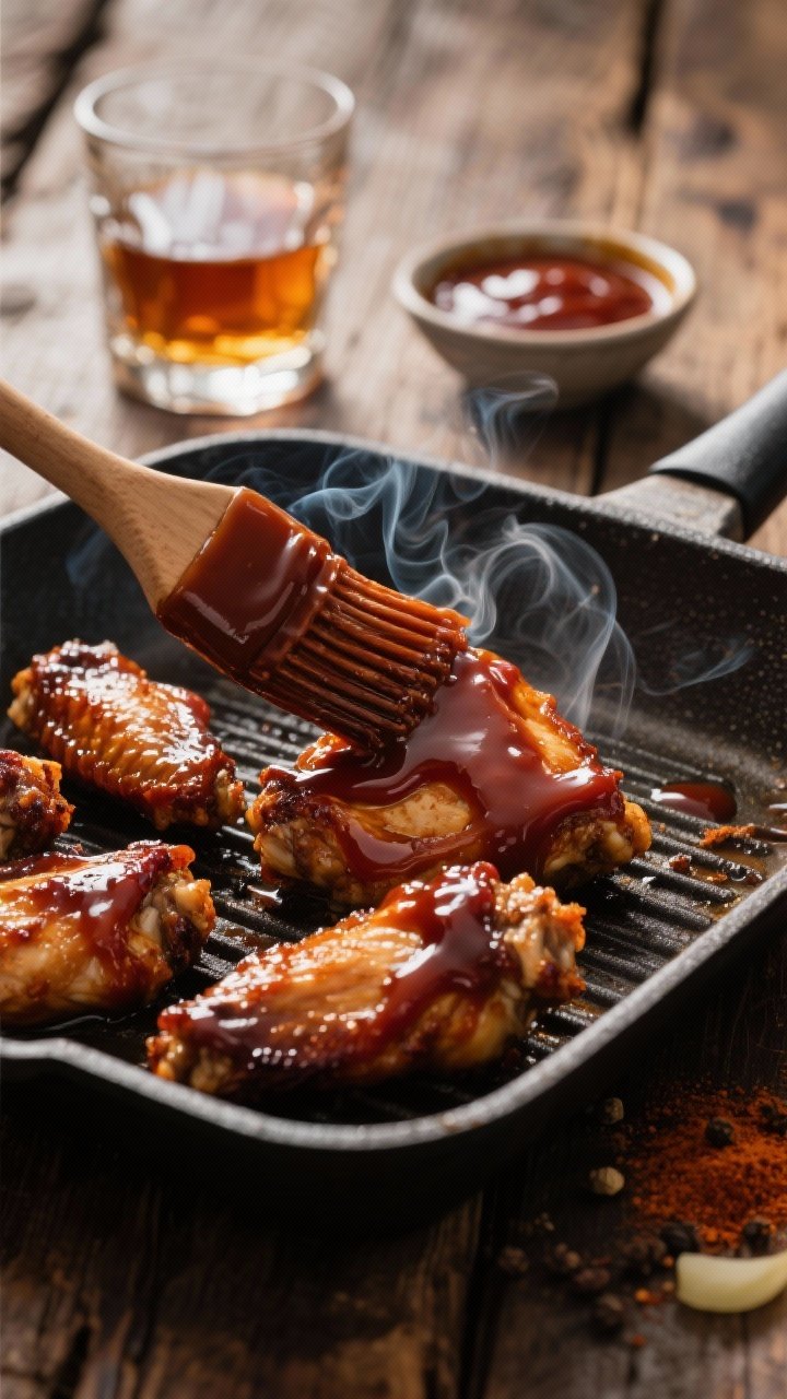 Straight-on, smoky Bourbon-Barbecue glaze being brushed onto wings on a grill pan: thick, mahogany sauce made from ketchup, bourbon, brown sugar, apple cider vinegar, molasses, Worcestershire, smoked paprika, onion powder, and black pepper; gentle wisps of smoke, lacquered edges catching light; a bourbon glass and a small bowl of extra sauce in the background on a rustic wooden table