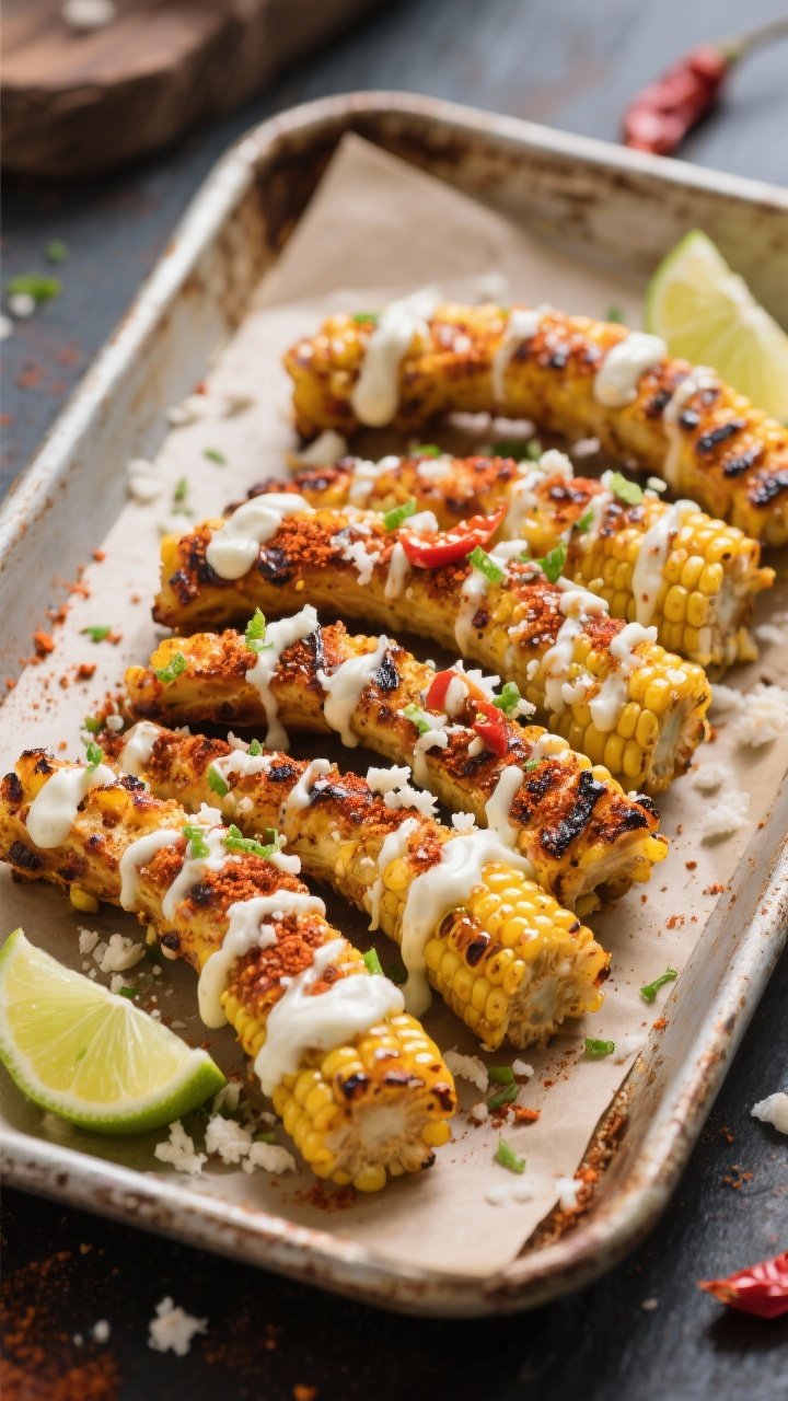 Straight-on street-food style: Chili-lime corn “ribs” curled and charred from the air fryer, brushed with oil and seasoned with chili powder, smoked paprika, and kosher salt; drizzled with a creamy mayo-sour cream sauce, dusted with cotija, lime zest, and chili; lime wedges on the side; served on a rustic tray lined with parchment.