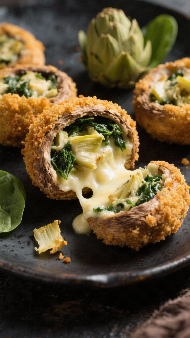 Straight-on stuffed bite portrait: Cheesy spinach-artichoke stuffed breaded mushrooms, golden-crisp caps split open to reveal a creamy filling of spinach, finely chopped artichokes, softened cream cheese, and melted mozzarella. Arrange on a dark ceramic platter with a few spinach leaves and artichoke petals as cues. Emphasize gooey, stretchy interior and crunchy breadcrumb exterior, warm side lighting for appetizing sheen.