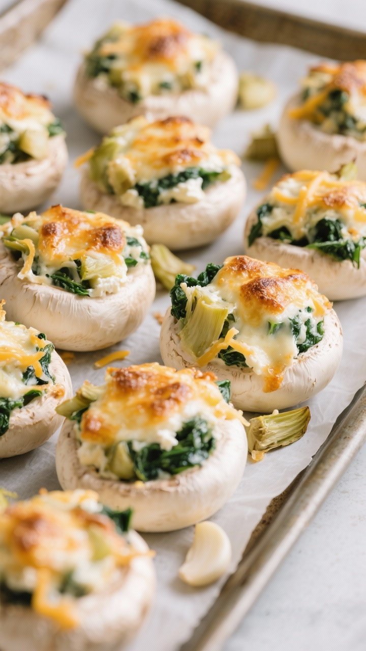 Straight-on, tight close-up of cheesy spinach artichoke stuffed mushrooms: large white/cremini caps piled high with a creamy filling of thawed squeezed frozen spinach, chopped artichokes, cream cheese, shredded cheese, and a hint of garlic, tops bronzed and bubbling. Arranged in neat rows on a parchment-lined tray, a few stray artichoke pieces and spinach bits for context, soft highlights on the melted cheese.