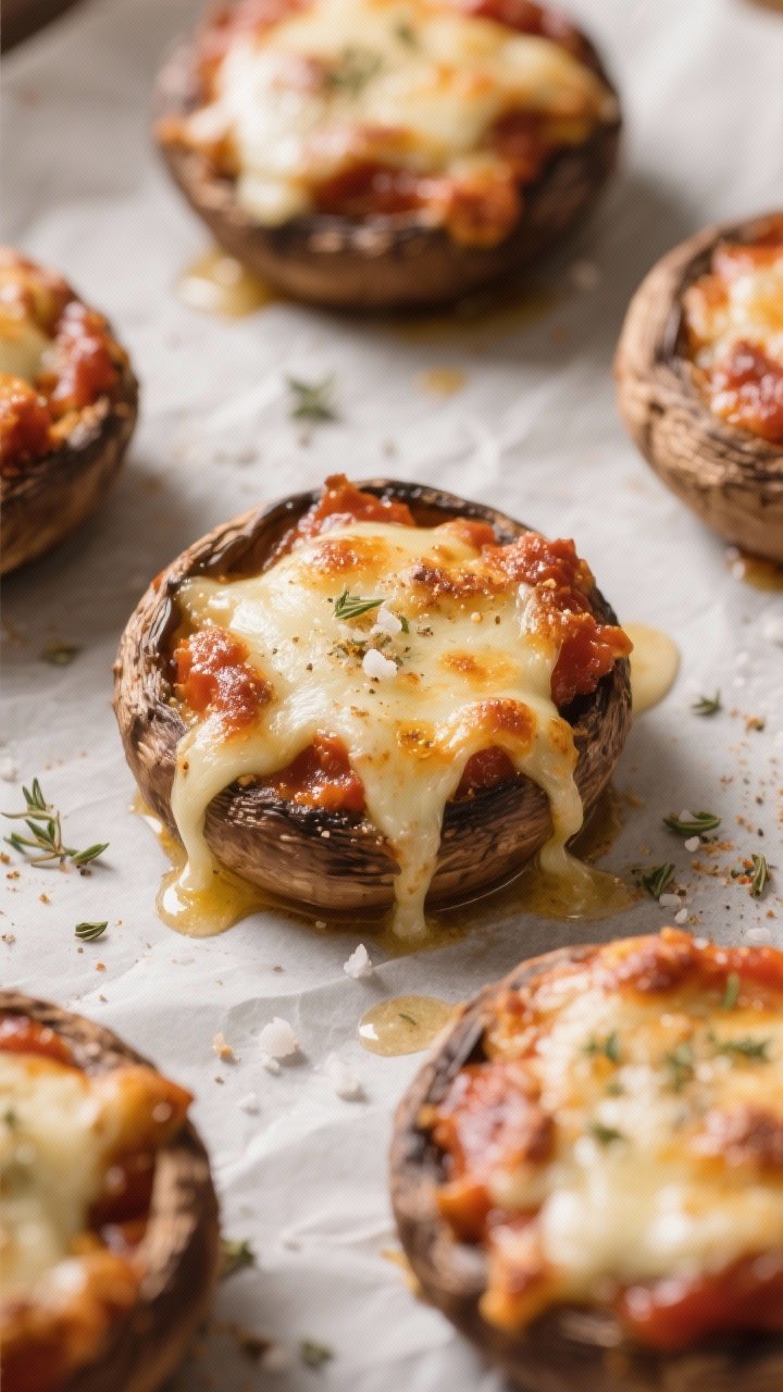 Straight-on, tight shot of pizza stuffed mushrooms on a parchment-lined sheet: cremini caps filled with thick pizza sauce, molten mozzarella stretching slightly, edges browned and bubbly; garlic powder and kosher salt lightly dusted on the caps; a few flecks of dried oregano and tiny oil droplets for shine; warm, cozy pizzeria mood.