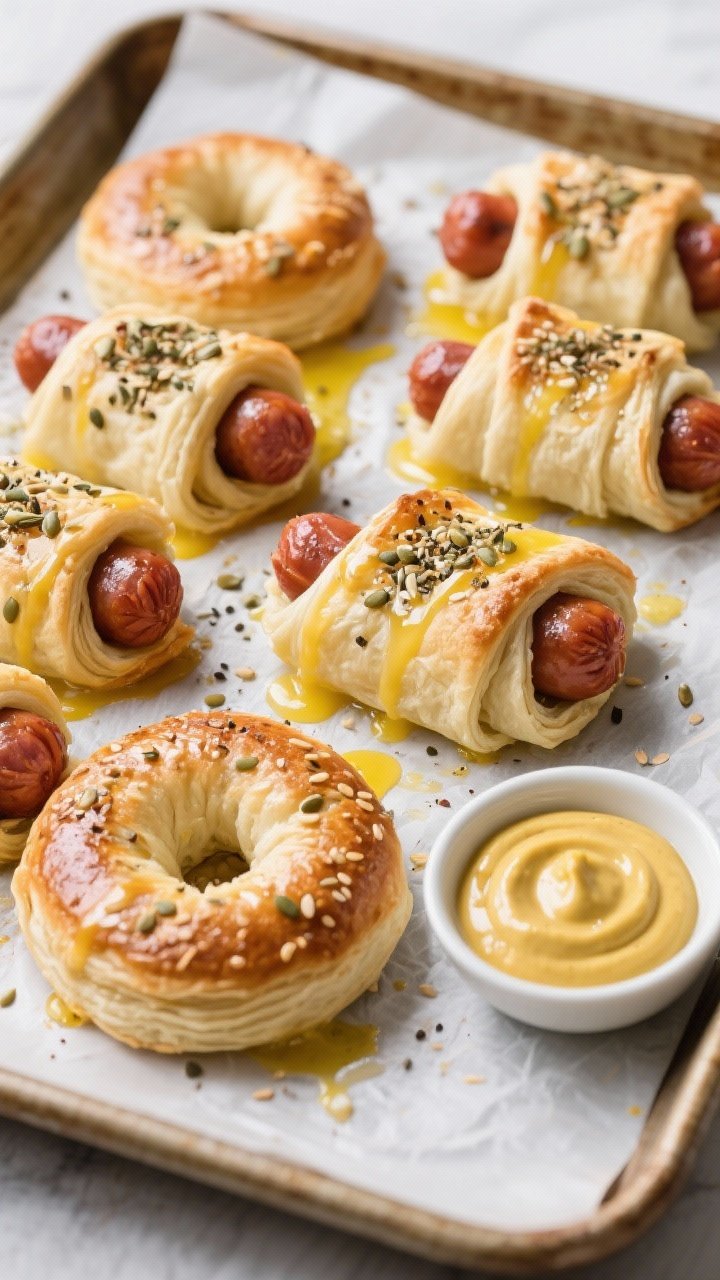 Straight-on tray shot of everything-bagel pigs in a blanket: mini smoked sausages snugly wrapped in cold puff pastry, brushed with beaten egg and sprinkled generously with everything-bagel seasoning, lightly misted with olive oil spray for shine. Arrange on a parchment-lined baking sheet with a small bowl of maple-Dijon mustard dip (Dijon + maple syrup) at the side. Emphasize flaky pastry layers and seed texture.