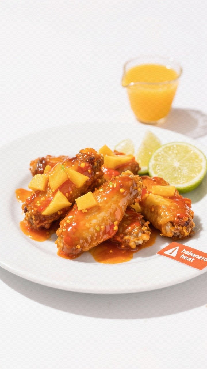 Straight-on, vibrant plated wings coated in glossy Mango Habanero sauce that starts sunny and turns fiery: visible mango pulp sheen, specks of orange habanero, lime juice brightness, and a drizzle of honey; a small pourer of orange juice in background, lime wedges on the side, and a tiny warning note card “habanero heat” as prop; bright tropical color palette with a clean white backdrop