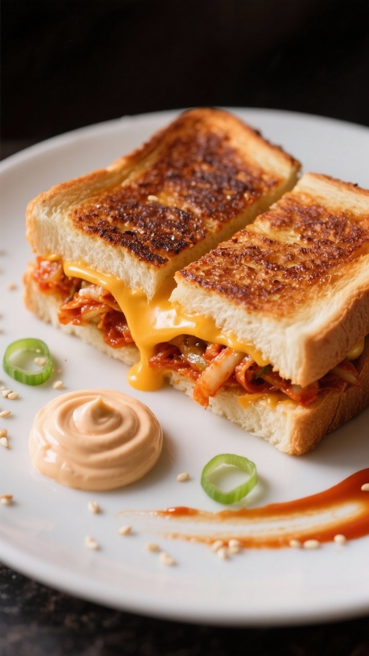 Tight close-up of a kimchi grilled cheese cross-section on thick white bread: deeply browned, buttery crust; molten sharp cheddar stretching around finely chopped, well-drained kimchi; a small dollop of gochujang mayo (mayonnaise whisked with gochujang) swirled on a side dish with a brushstroke on the plate; a few sesame seeds and scallion rings sprinkled for pop; moody, high-contrast lighting to emphasize color and texture.