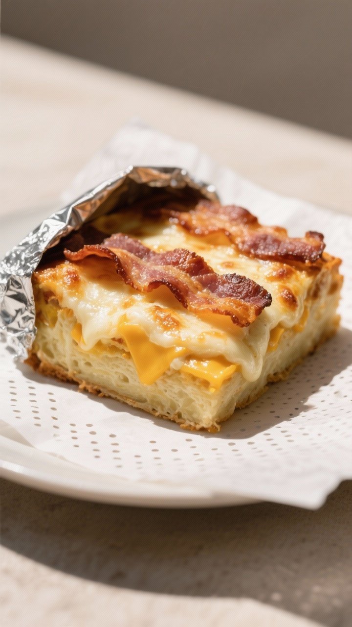 5–2 inch layer with bubbling mozzarella and cheddar, bacon crisping on top, a small foil tent loos