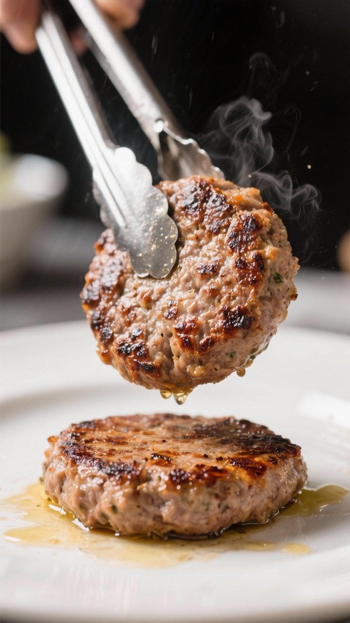 5 cm), one mid-flip with tongs off-frame implied, surfaces blistered and browned, a fine mist of oil