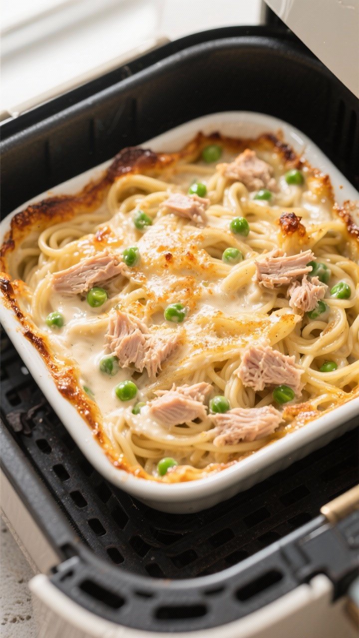 Air fryer moment — bubbling casserole before topping: Overhead shot of the tuna noodle bake in a s
