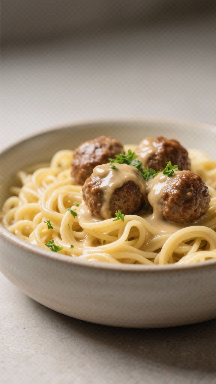 Close-up comfort bowl: Swedish meatballs over buttered egg noodles, each meatball coated in a silky,