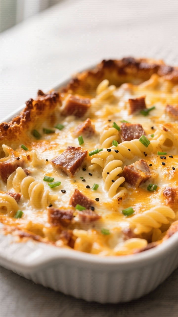 Close-up detail: A bubbling air fryer cheesy Kessler and noodle bake just pulled from the basket, go