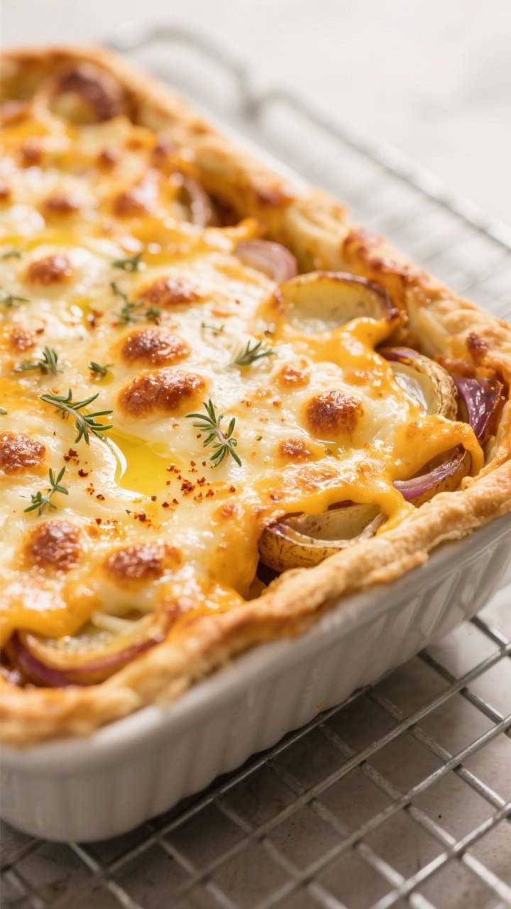 Close-up detail: A bubbling, golden-brown top of air fryer potato pie just out of the basket, melted