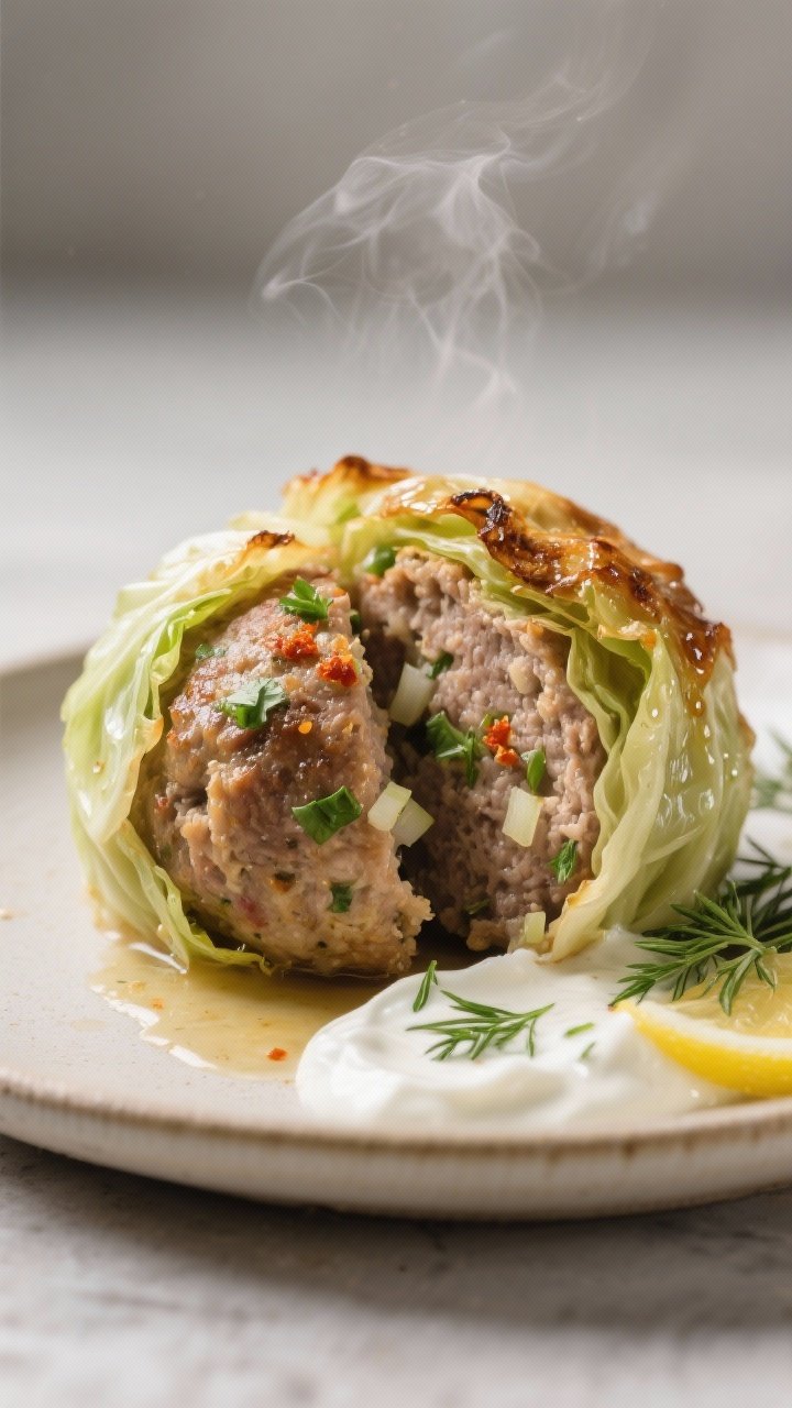Close-up detail: A cabbage-wrapped meatball just out of the air fryer with lightly browned, crisped