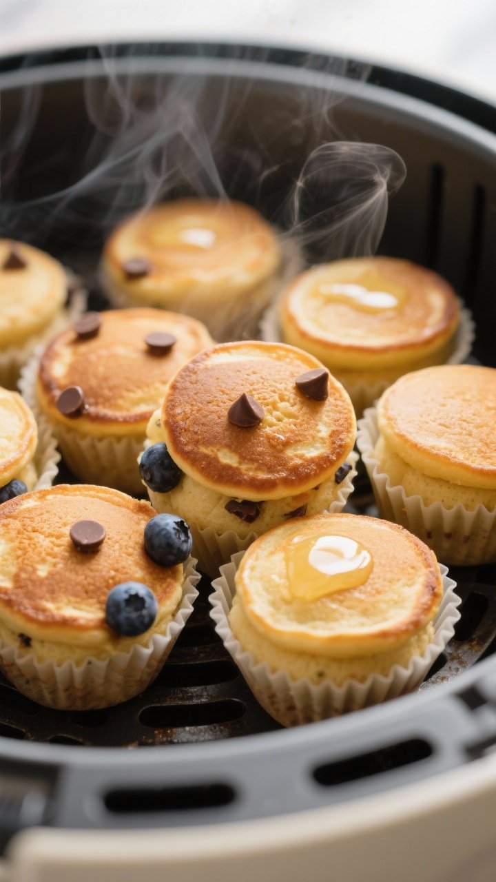 Close-up detail: A cluster of golden-brown air fryer pancake bites just out of silicone mini muffin 