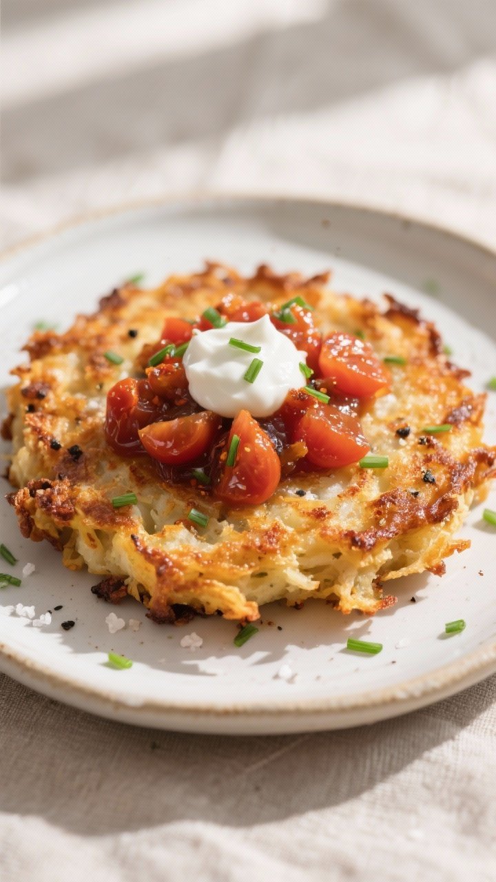 Close-up detail: A crispy air-fried hash brown patty made from smashed thick-cut chips, edges deeply