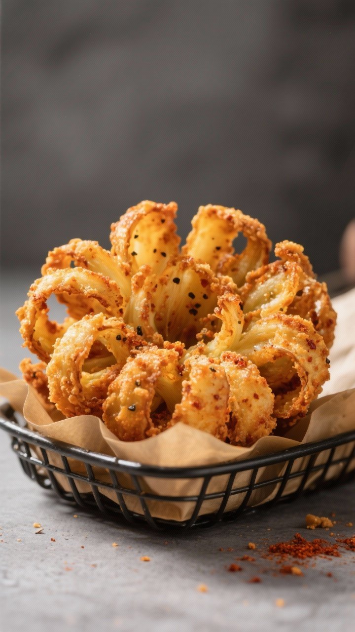 Close-up detail: A deep golden air-fried bloomin’ onion just out of the basket, petals fanned and
