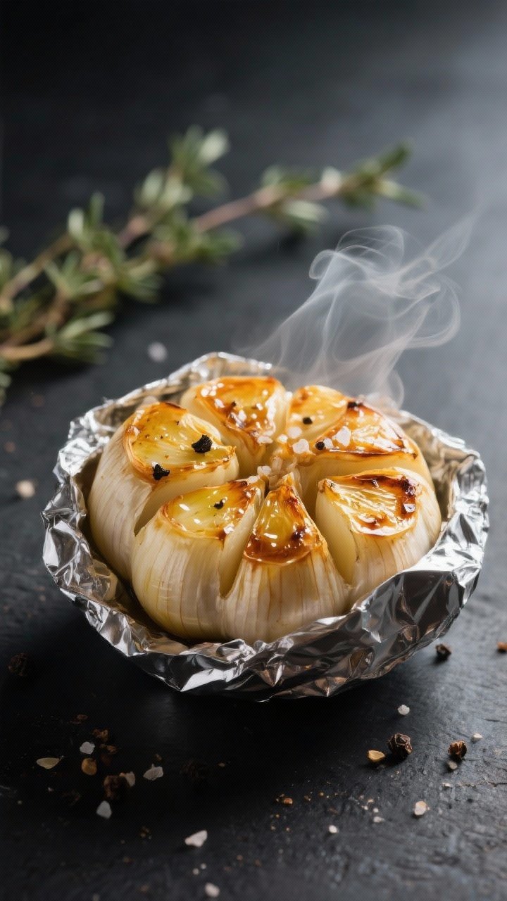 Foil wrapped roasted garlic bulb with soft cloves