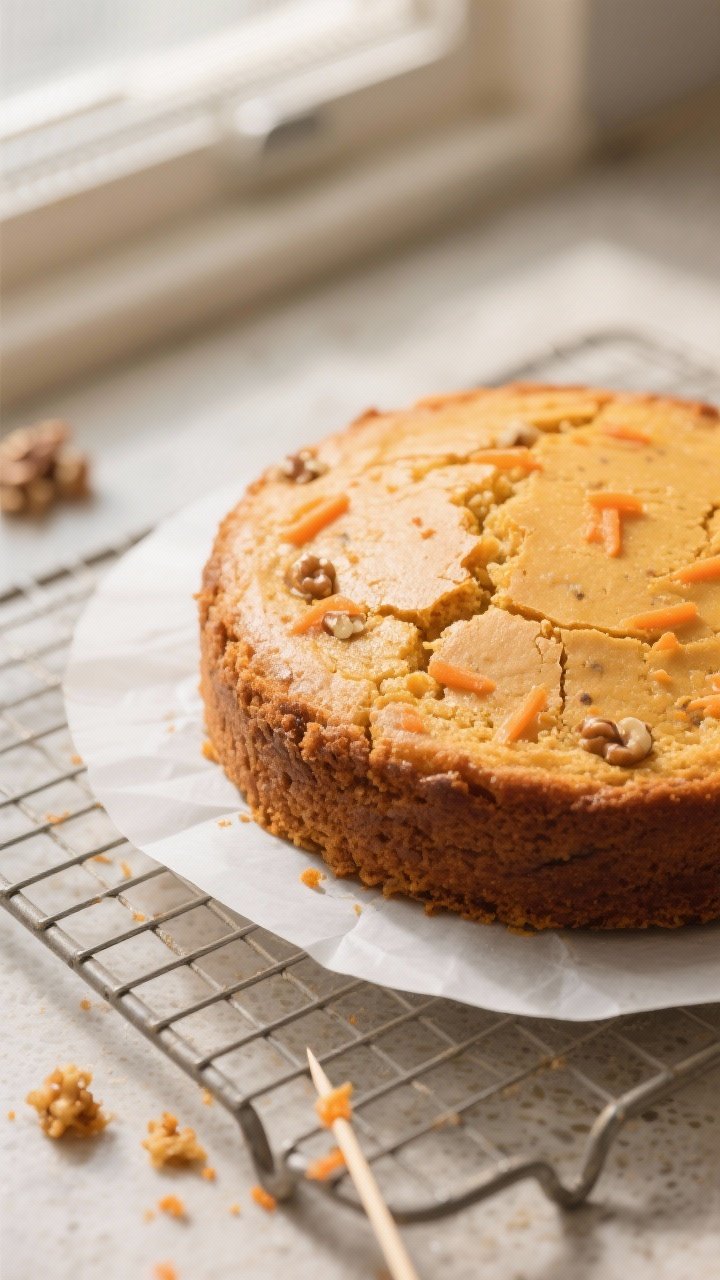 Close-up detail: A freshly air-fried 6-inch carrot cake just out of the pan on a cooling rack, golde