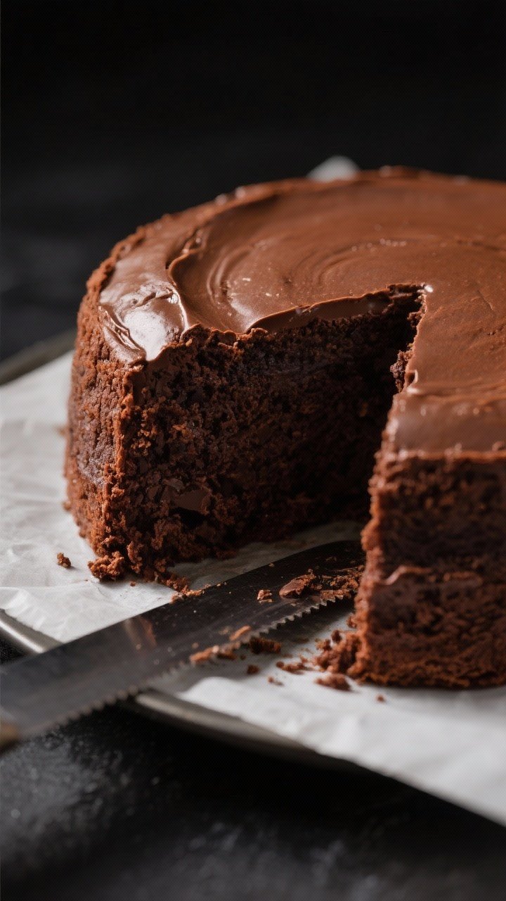 Close-up detail: A freshly air-fried 6-inch chocolate cake just out of the pan, edges gently crisp w