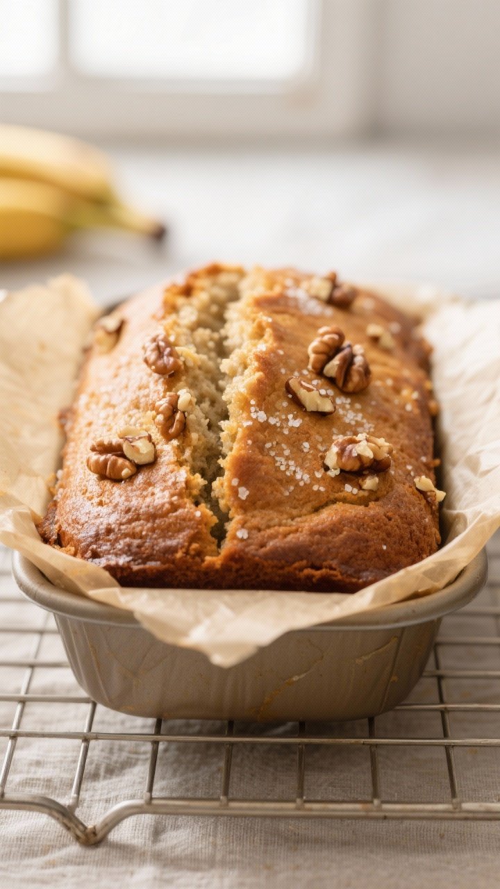 Close-up detail: A freshly air-fried banana bread loaf just lifted from a parchment-lined 6-inch pan