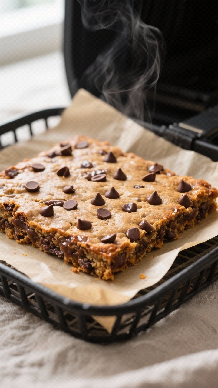 Close-up detail: A freshly air-fried chocolate chip flapjack slab just out of the basket, edges cara