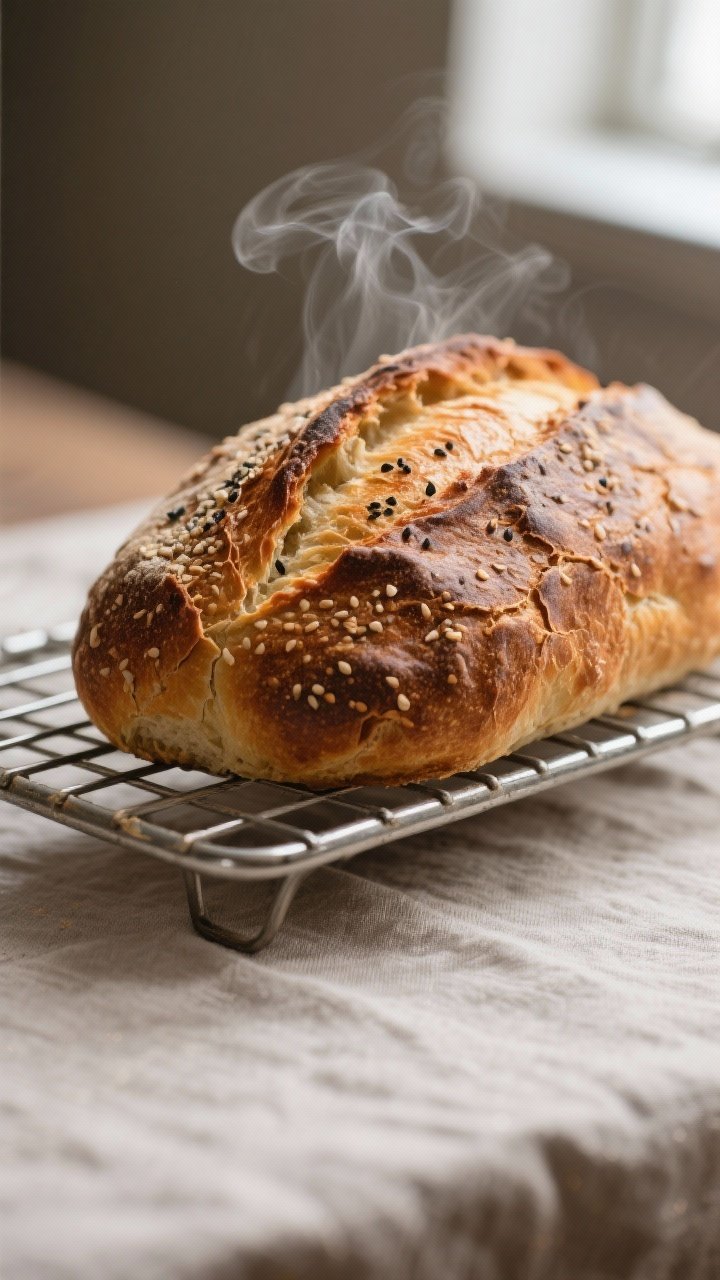 Close-up detail: A freshly air-fried free-form loaf just lifted onto a wire rack, deep golden-brown