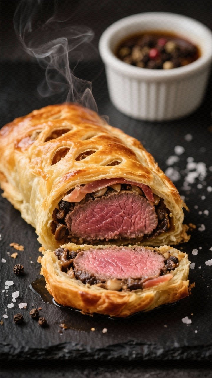 Close-up detail: A freshly air-fried mini Beef Wellington just sliced open, revealing a perfectly pi