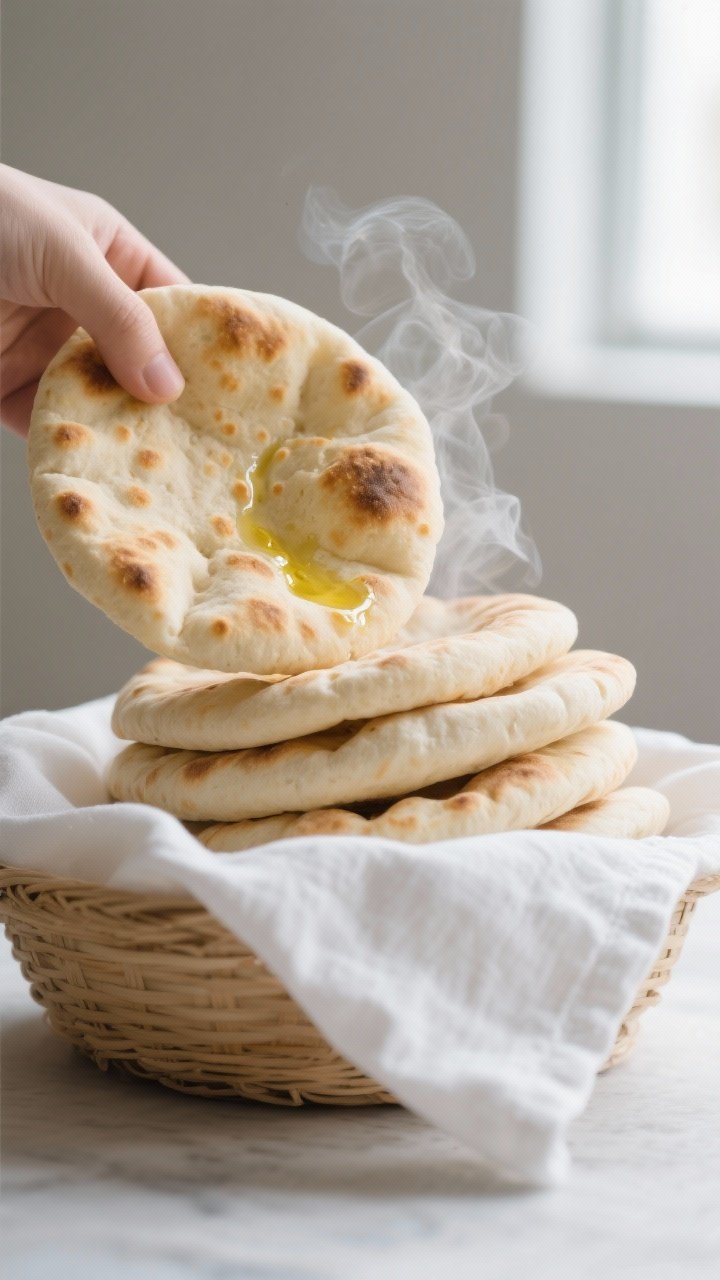Close-up detail: A freshly air-fried pita just lifted from the basket, fully puffed with light golde