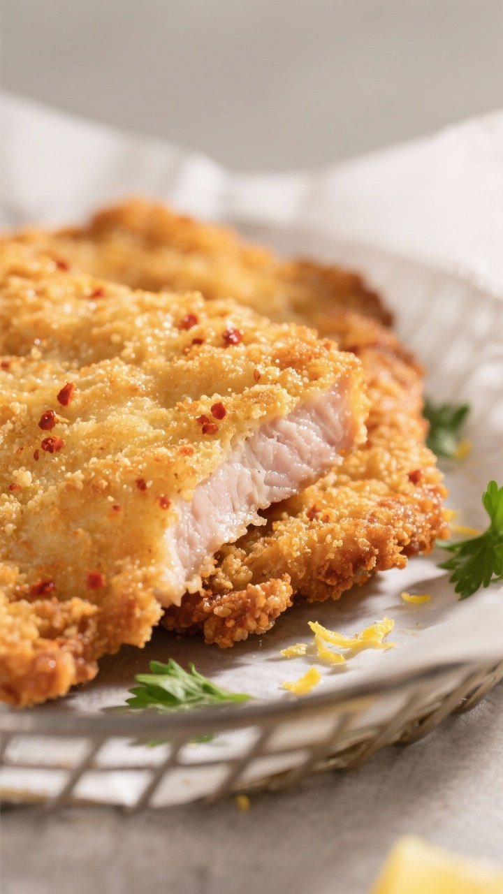 Close-up detail: A freshly air-fried pork schnitzel just out of the basket, golden-brown panko crust