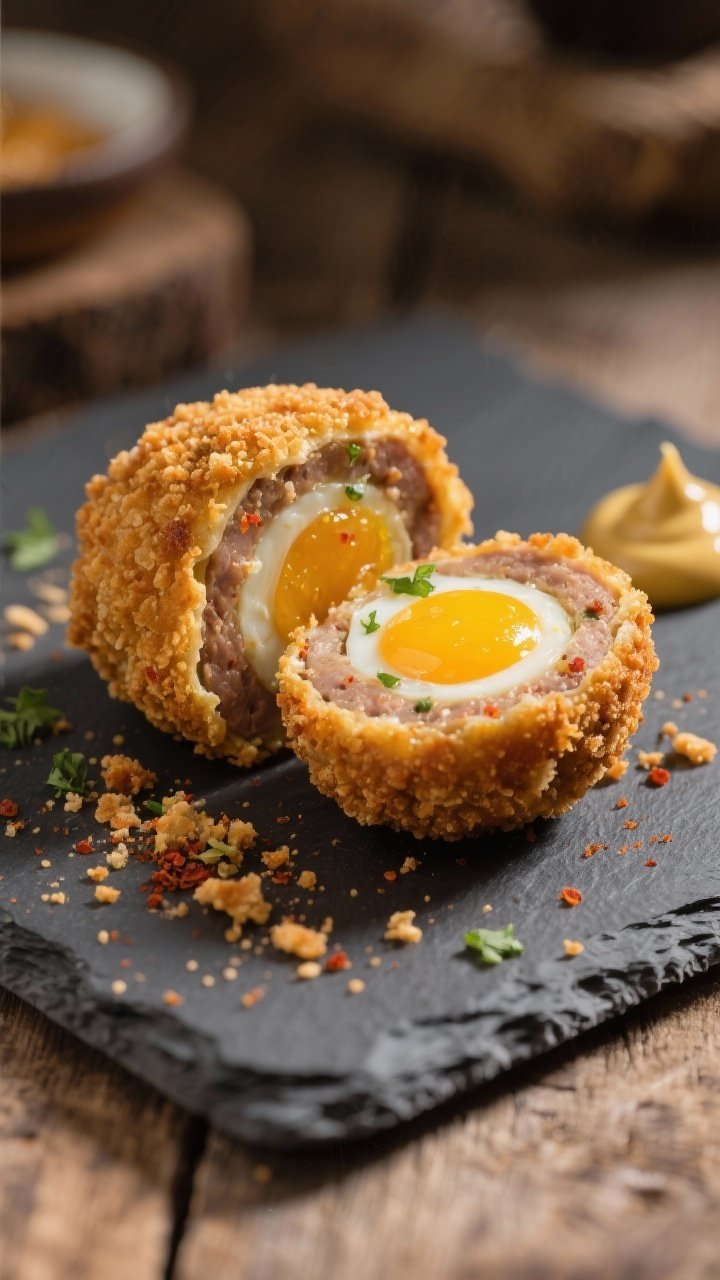 Close-up detail: A freshly air-fried Scotch egg sliced in half, showing a jammy, golden yolk encased