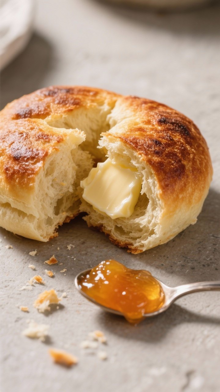 Close-up detail: A freshly air-fried vetkoek just split open, showing a fluffy, airy crumb with a th