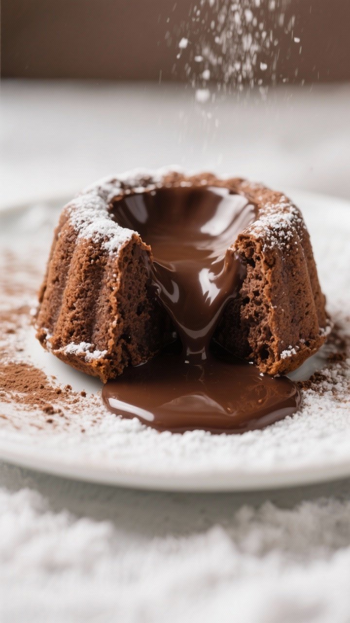 Close-up detail: A freshly unmolded air fryer lava chocolate pudding split open to reveal a glossy, 