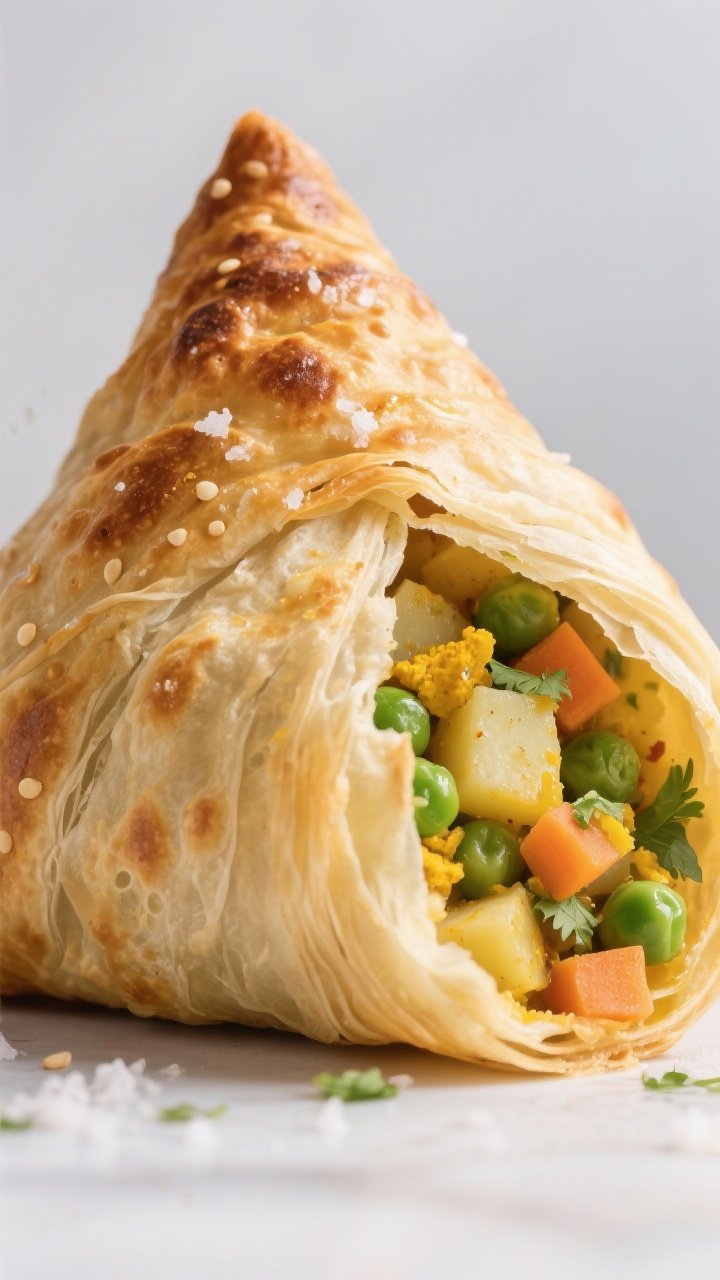 Close-up detail: A giant phyllo samosa just out of the air fryer, showing deeply golden, blistered,