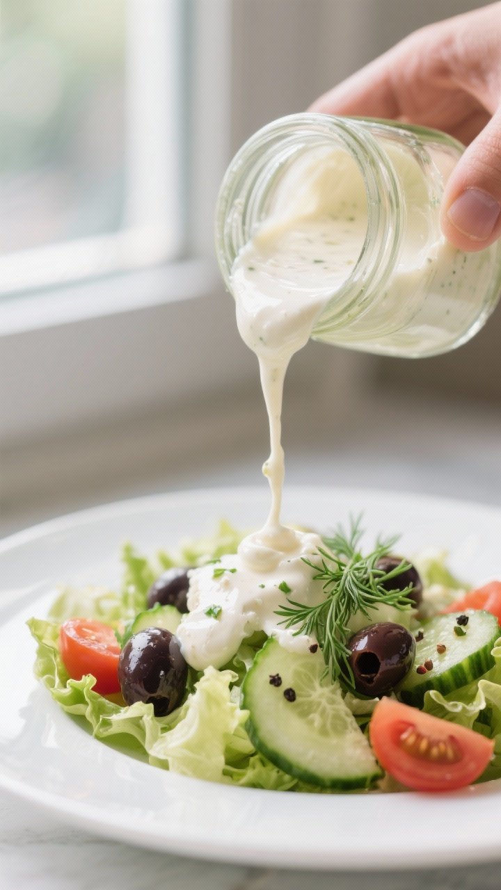 Close-up detail: A glossy stream of creamy feta dressing pouring from a small glass jar onto a crisp