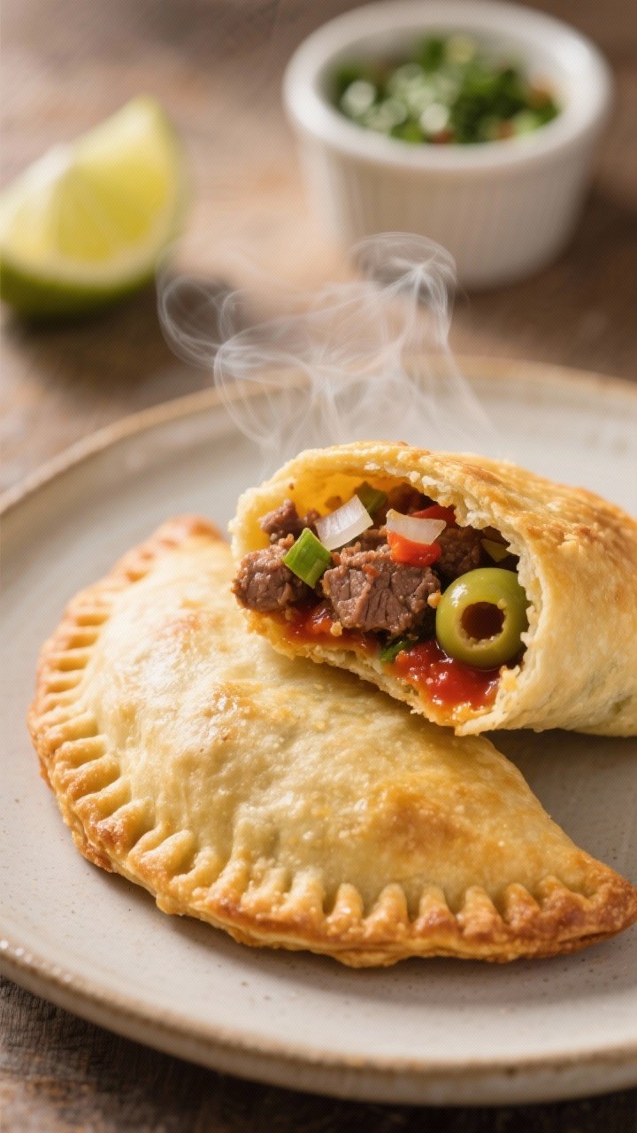 Close-up detail: A golden, air-fried beef empanada just cracked open to reveal juicy, spiced beef wi