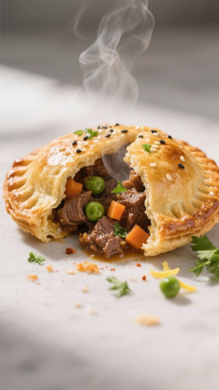 Close-up detail: A golden, air-fried lamb hand pie just split open, revealing a glossy, thick lamb f