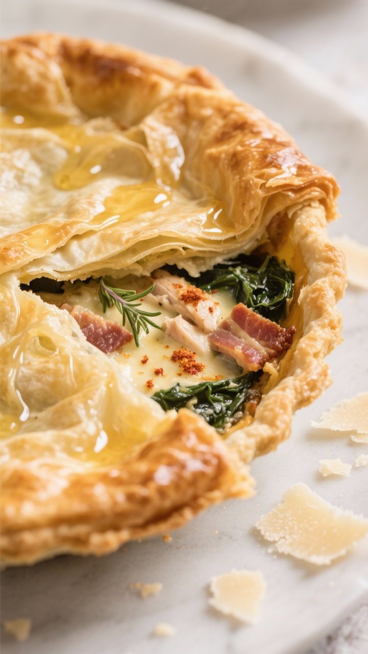 Close-up detail: A golden, air-fried phyllo pie crust with deep, flaky layers and shatteringly crisp