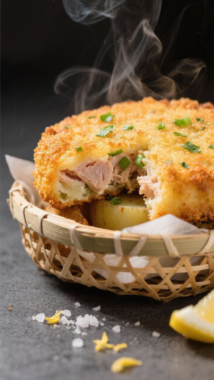 Close-up detail: A golden, air-fried tuna and potato fish cake just out of the basket, ultra-crisp b