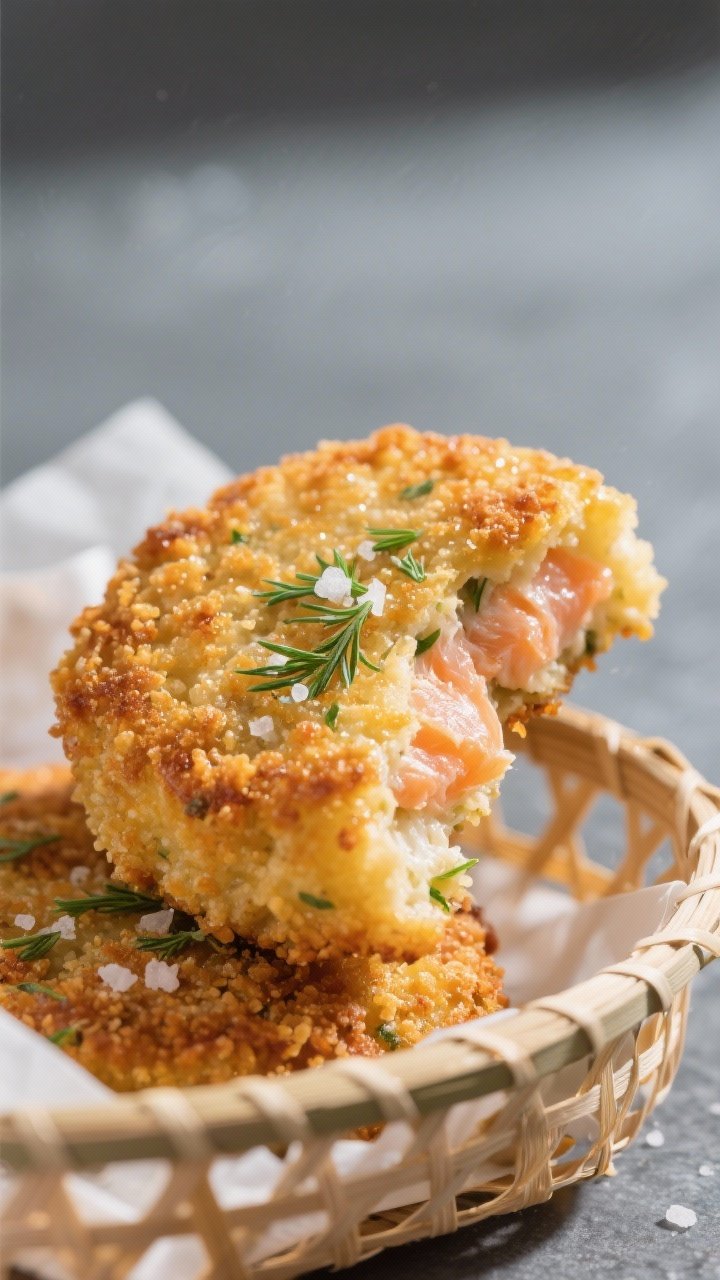 Close-up detail: A golden, crispy air-fried salmon fishcake just out of the basket, panko crust glis