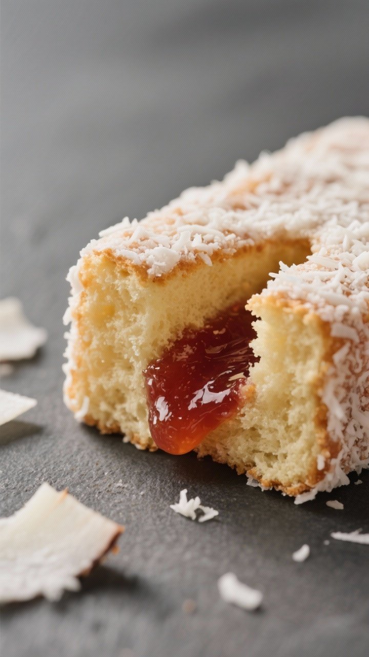 Close-up detail: A jam-filled lamington sliced open to reveal the tender, air-fried sponge with a th
