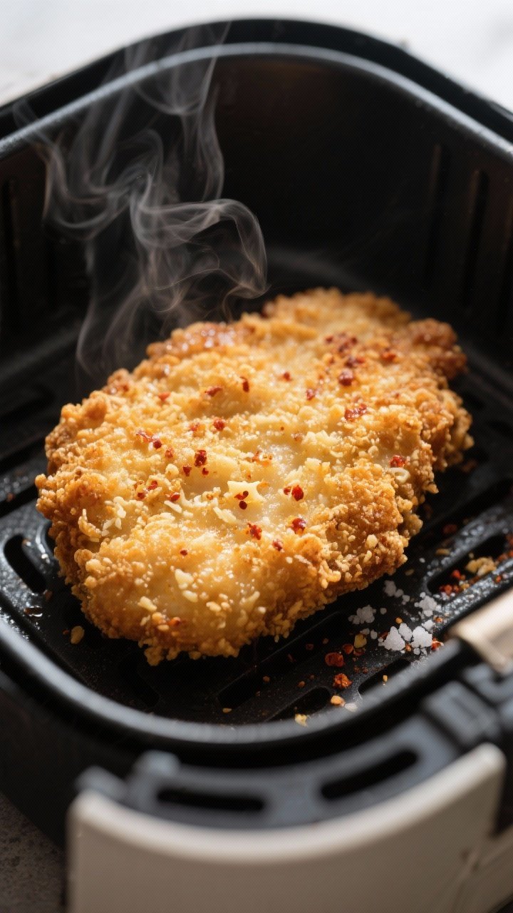 Close-up detail: A just-air-fried chicken schnitzel with ultra-crispy, golden panko-Parmesan crust g