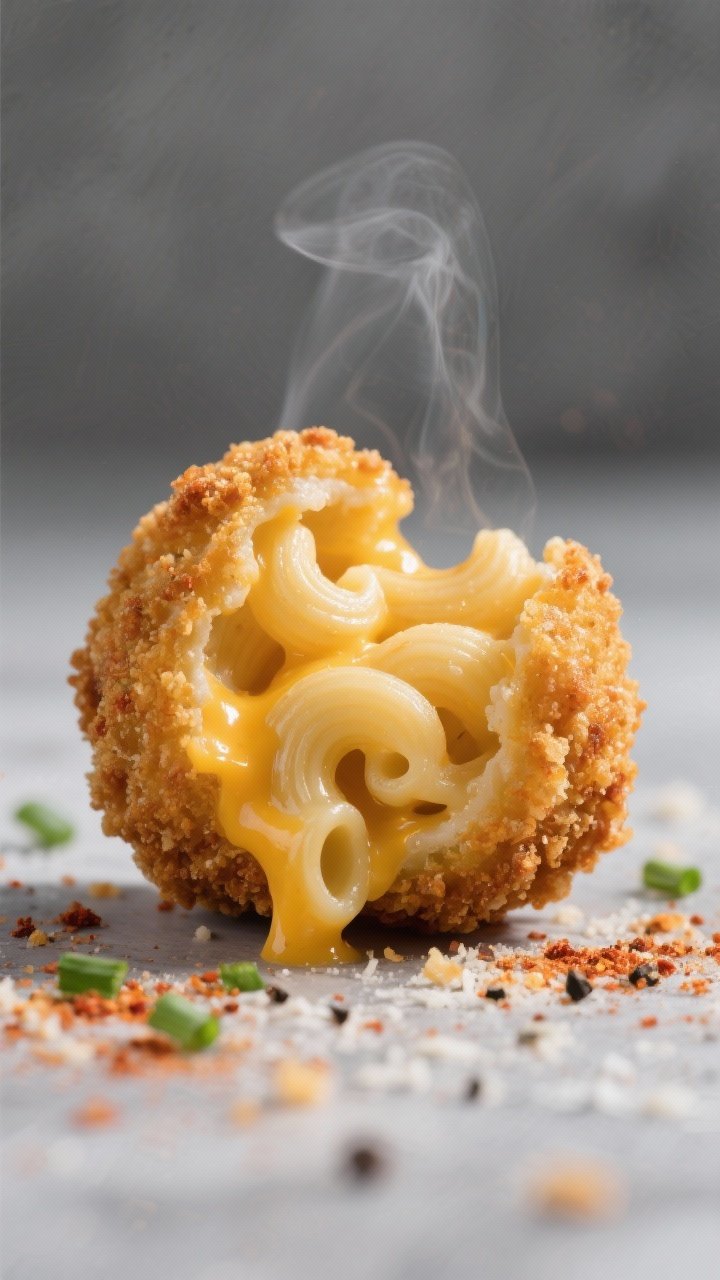 Close-up detail: A just-air-fried mac and cheese bite torn open to reveal gooey, melty cheddar inter