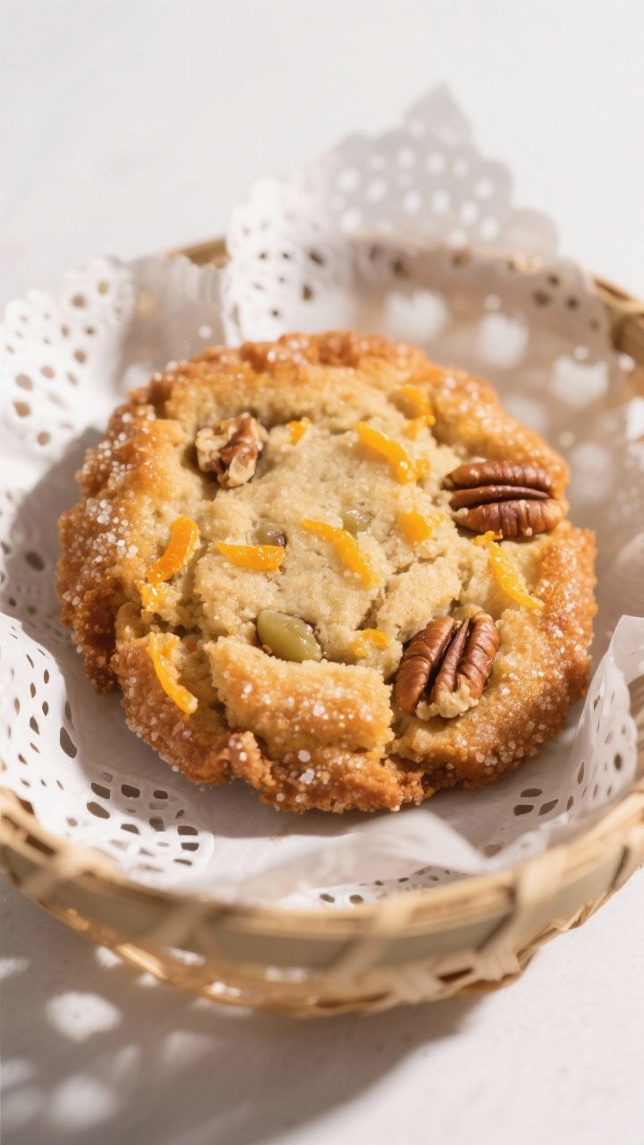 Close-up detail: A just-air-fried orange and pecan cookie resting in the basket on a perforated parc